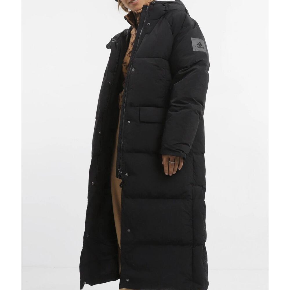 Adidas Big Baffle Down Puffer Coat Womens Small Black Mid-Length Winter Gorp